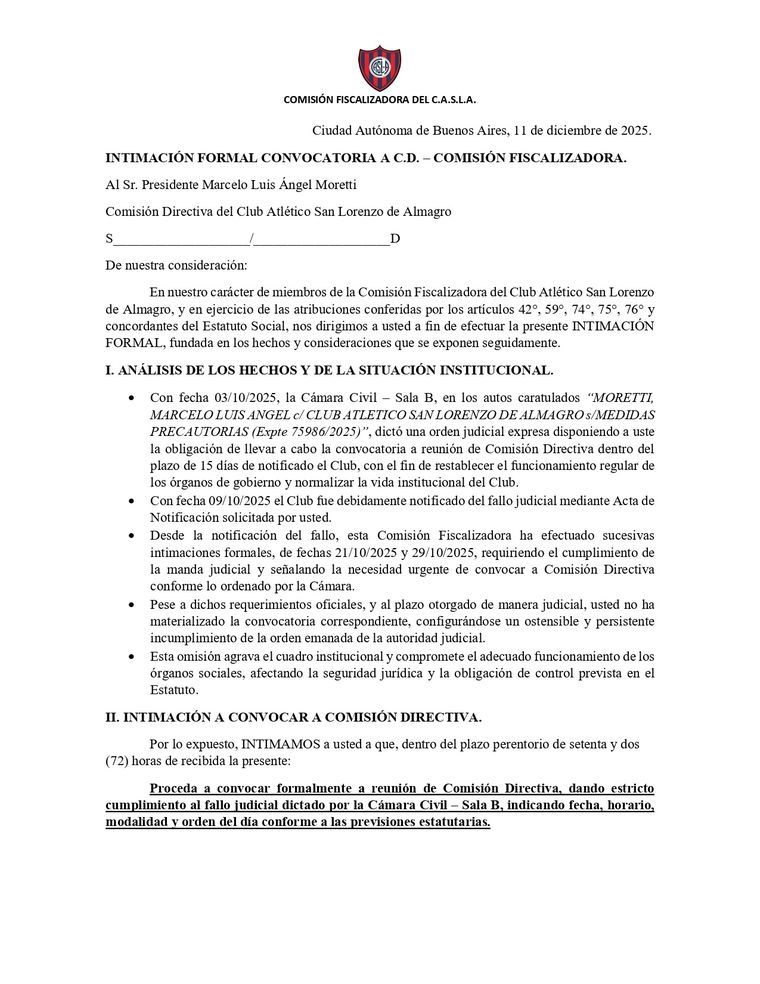 La Comisión Fiscalizadora de San Lorenzo intimó a Marcelo Moretti. La Comisión Fiscalizadora de San Lorenzo intimó a Marcelo Moretti.