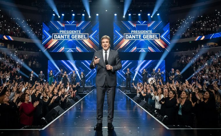 Dante Gebel, pastor evangélico, orador, escritor y presentador de televisión argentino, en un escenario vestido de esmoquin. Esta imagen fue generada con Inteligencia Artificial.