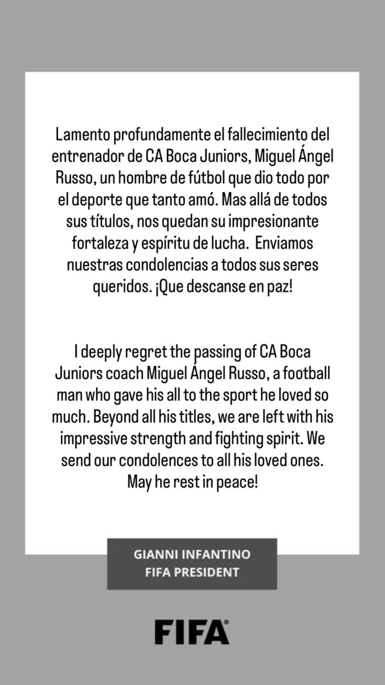 El mensaje de Gianni Infantino a Miguel Ángel Russo. Foto: @gianni_infantino El mensaje de Gianni Infantino a Miguel Ángel Russo. Foto: @gianni_infantino