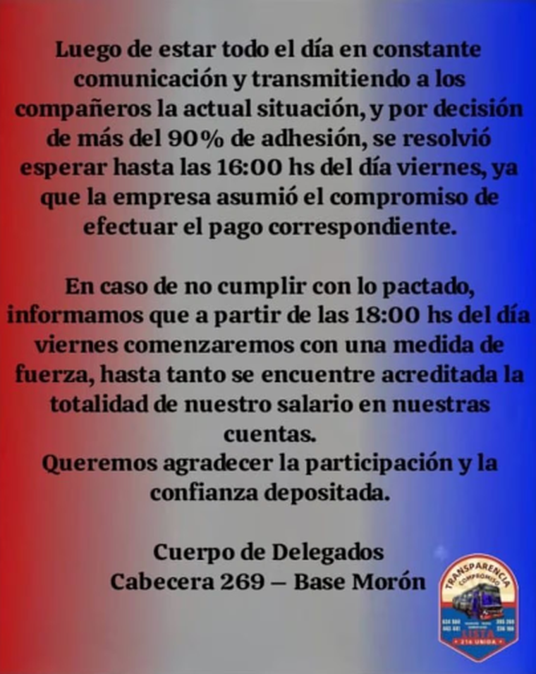 El comunicado por el paro de colectivos. El comunicado por el paro de colectivos.