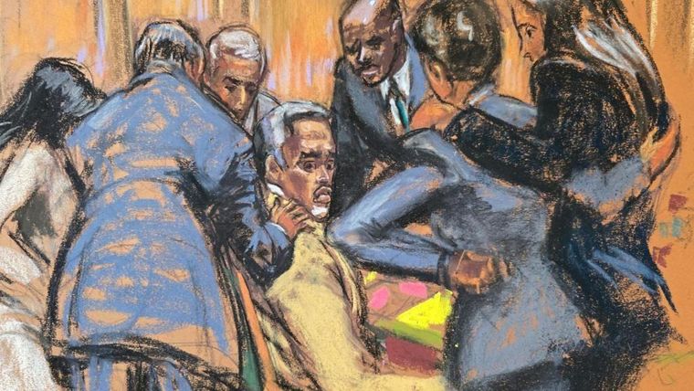 Sean "Diddy" Combs y sus abogados durante el juicio.