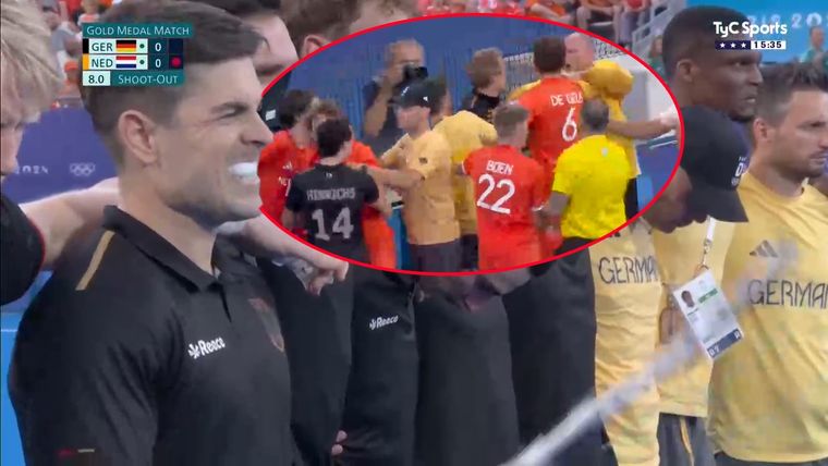 Gonzalo Peillat debió confirmarse con la medalla de plata. Tras los penales, hubo un tumulto entre jugadores alemanes y neerlandeses. Foto: capturas TyC Sports