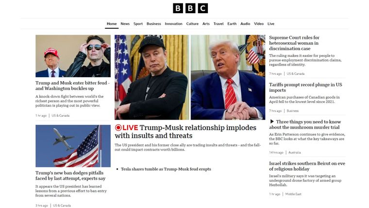 La portada de la BBC sobre el escándalo Trump - Musk. La portada de la BBC sobre el escándalo Trump - Musk.
