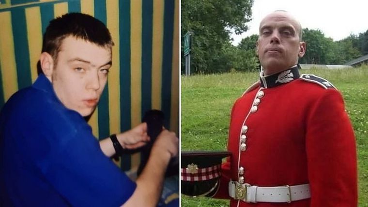 Paul Boggie fue un adicto a la heroína (izquierda) durante muchos años antes de cambiar su vida y unirse a los Guardias Escoceses (derecha). Foto: Paul Boggie