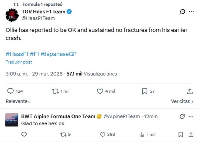 Luego del susto en Suzuka, llegaron buenas noticias sobre el estado de Oliver Bearman. Luego del susto en Suzuka, llegaron buenas noticias sobre el estado de Oliver Bearman.