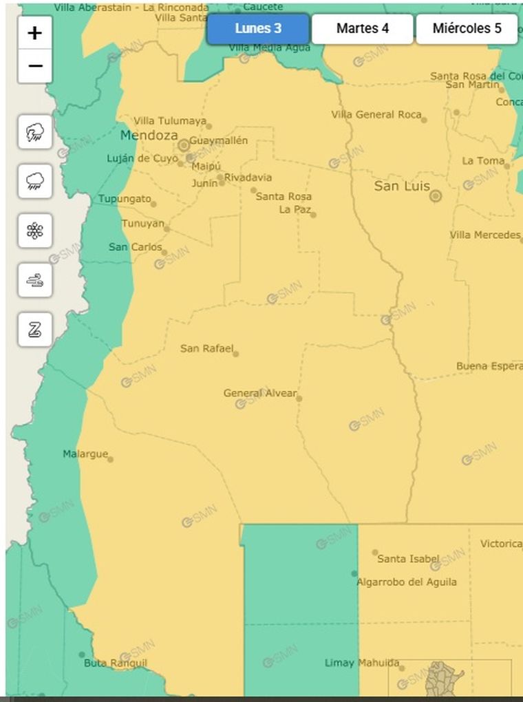 En el mapa de Mendoza se pueden ver los departamentos que están alcanzados por la alerta amarilla emitida por el SMN. Ahí se ve las zonas donde la probabilidad de tormentas es más grande. En el mapa de Mendoza se pueden ver los departamentos que están alcanzados por la alerta amarilla emitida por el SMN. Ahí se ve las zonas donde la probabilidad de tormentas es más grande.