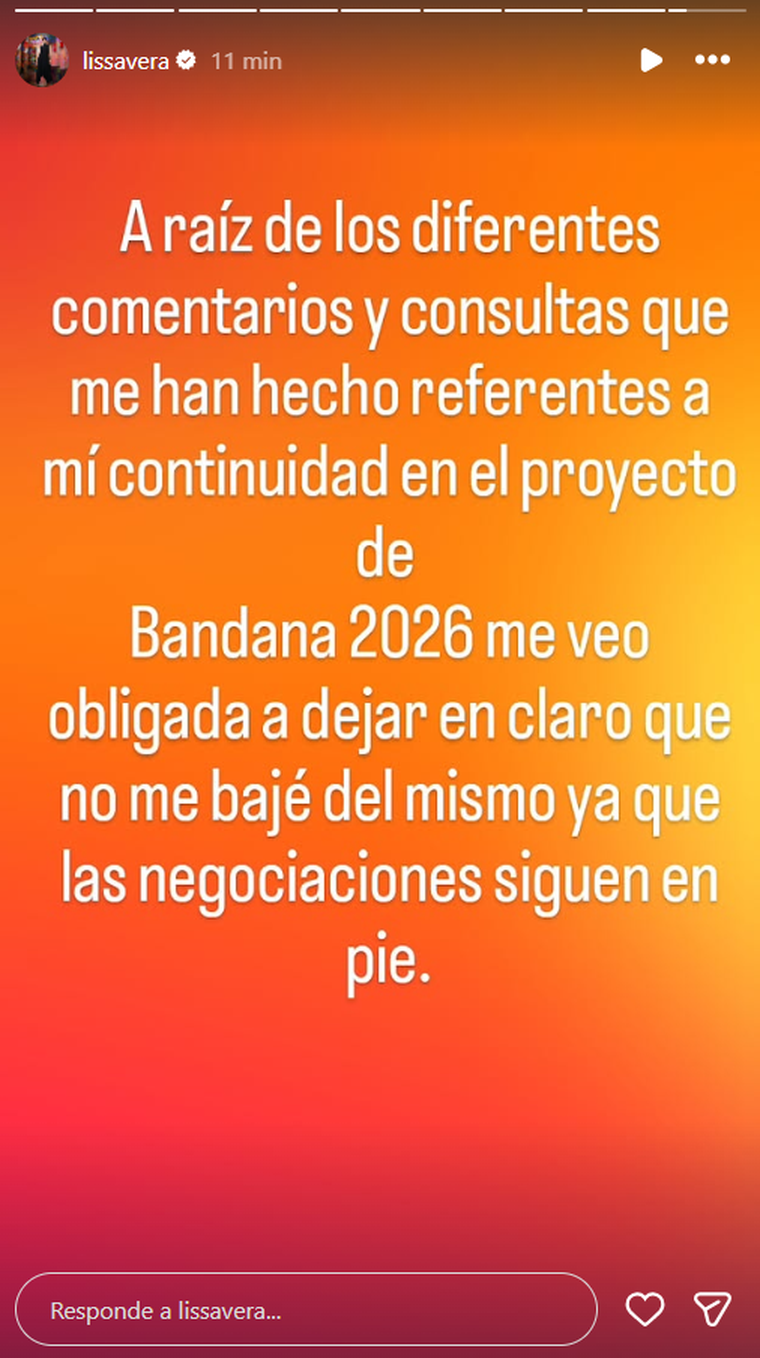 El mensaje de Lissa Vera sobre su futuro en Bandana. El mensaje de Lissa Vera sobre su futuro en Bandana.