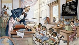 Caricatura de 1899 sobre la política estadounidense de enseñar inglés a sus nuevas colonias con niños de Filipinas, Hawái, Puerto Rico y Cuba en la primera fila. Foto: Getty images