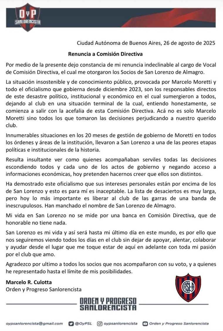 El comunicado de Culotta, de OyP Sanlorencista. El comunicado de Culotta, de OyP Sanlorencista.