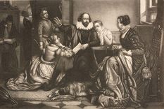 Ilustración que muestra a Shakespeare recitando una de sus obras a su familia.