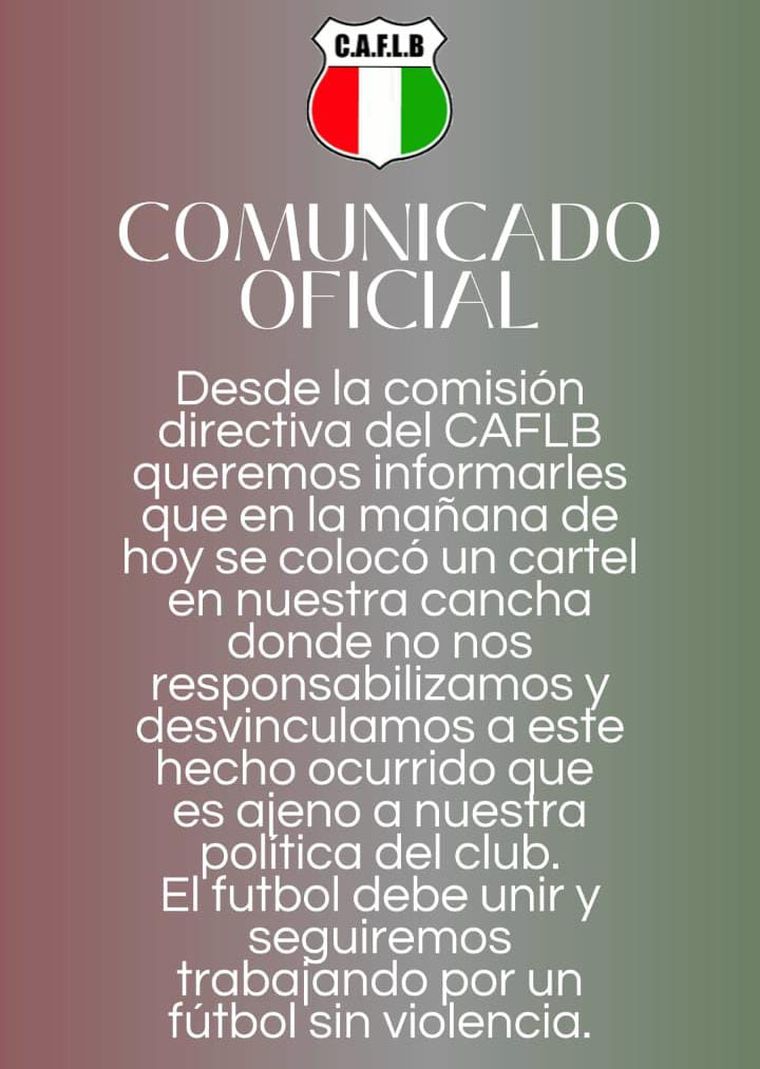 El comunicado de Fray Luis Beltrán sobre el hecho que se dio este domingo en su cancha. El comunicado de Fray Luis Beltrán sobre el hecho que se dio este domingo en su cancha.