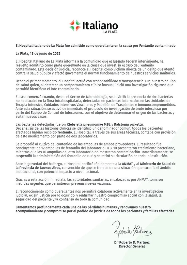 El comunicado del Hospital Italiano tras ser aceptado como querellante en la causa por el fentanilo contaminado. El comunicado del Hospital Italiano tras ser aceptado como querellante en la causa por el fentanilo contaminado.