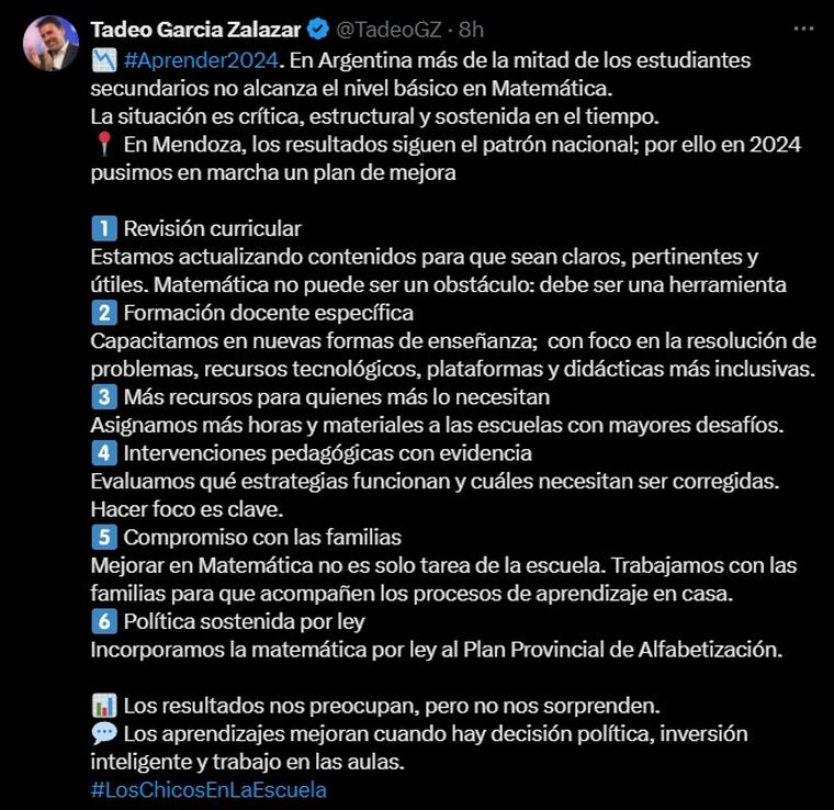 Tadeo García Zalazar expuso en las estrategias de abordaje para mejorar los números en educación a través de su cuenta de X. Tadeo García Zalazar expuso en las estrategias de abordaje para mejorar los números en educación a través de su cuenta de X.