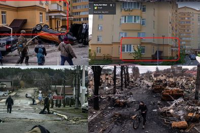 MDZol | Las dos realidades en Bucha: la de edificios sin daños (parte superior) vs la ciudad destruida y con cadáveres en la calle (parte interior) Foto: @mgsimonovich, con fotos de AP, Google Maps y ellinikahoaxes.gr