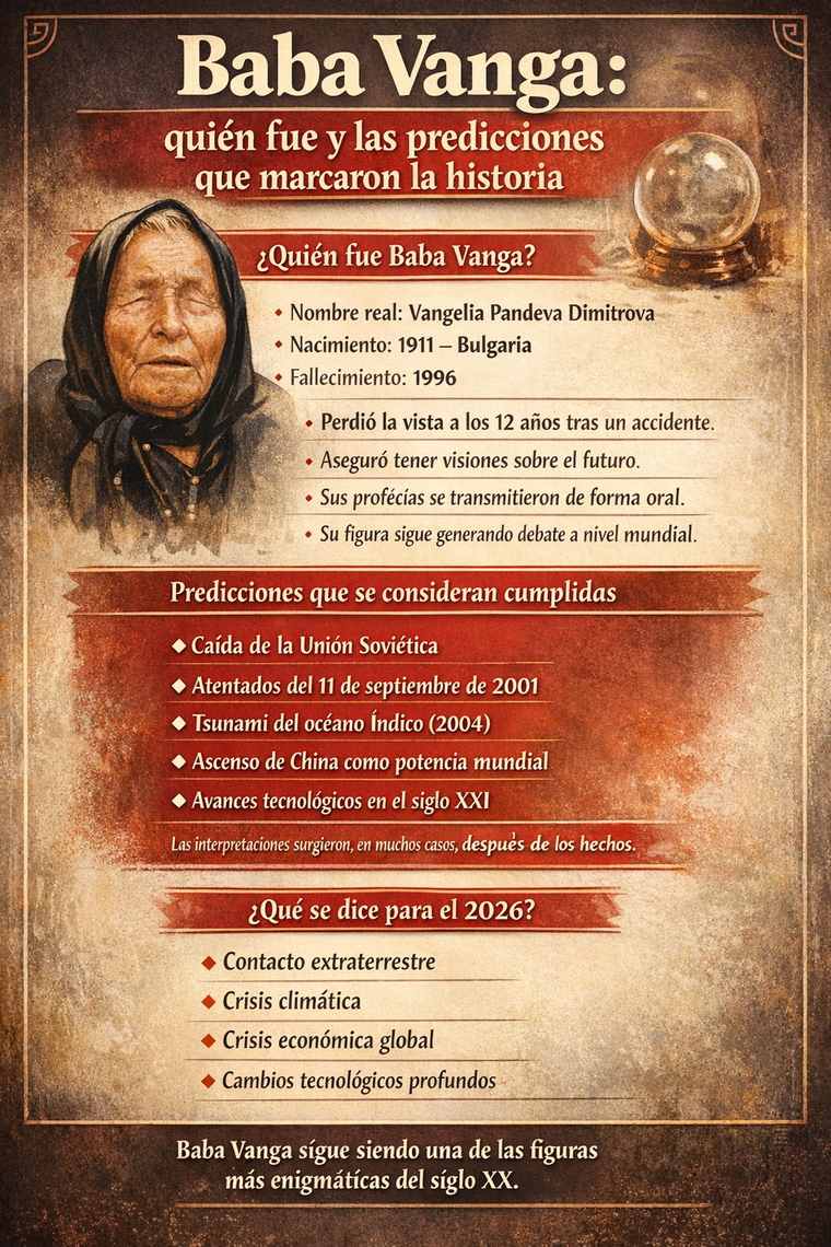 Baba Vanga sigue generando fascinaci&oacute;n d&eacute;cadas despu&eacute;s de su muerte, con predicciones que muchos vinculan a hechos hist&oacute;ricos y a escenarios que podr&iacute;an marcar el 2026. &nbsp;