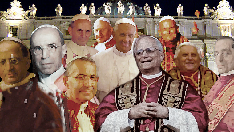 León XIV, el pontífice estadounidense-peruano elegido hoy, junto a los últimos 9 papas de la iglesia católica. Foto: @mgsimonovich