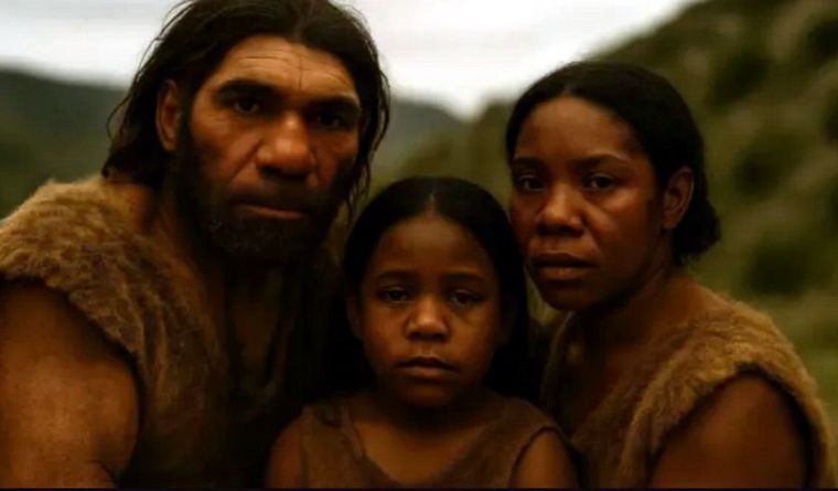 Reconstrucción mediante IA de una familia mixta de neandertales y Homo sapiens. Foto Dpa