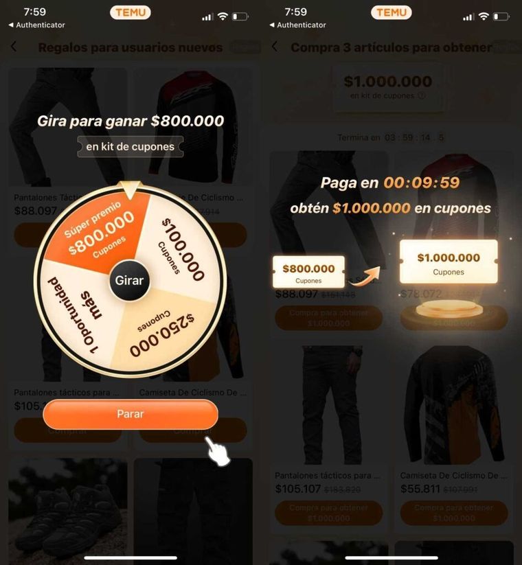 Las ofertas en las ruletas de descuento de Temu. Las ofertas en las ruletas de descuento de Temu.