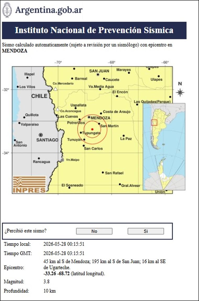 El Inpres publicó los primeros datos del sismo percibido este jueves en Mendoza. El Inpres publicó los primeros datos del sismo percibido este jueves en Mendoza.
