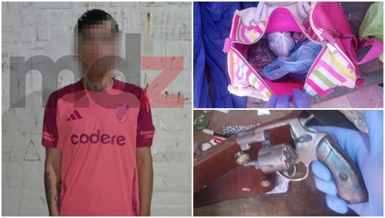 El joven de 18 años aprehendido, el bolso con drogas hallado y el revólver incautado. Foto: MDZ.