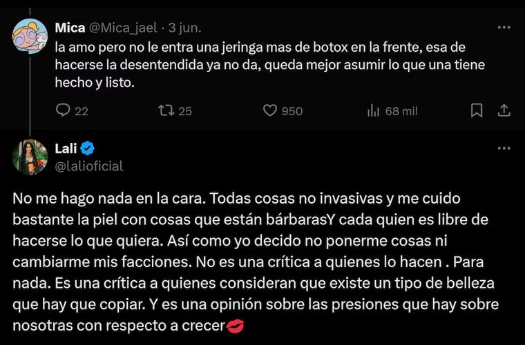 Lali grabó su descargo en X, apuntando a la presión social por los modelos de belleza. Lali grabó su descargo en X, apuntando a la presión social por los modelos de belleza.