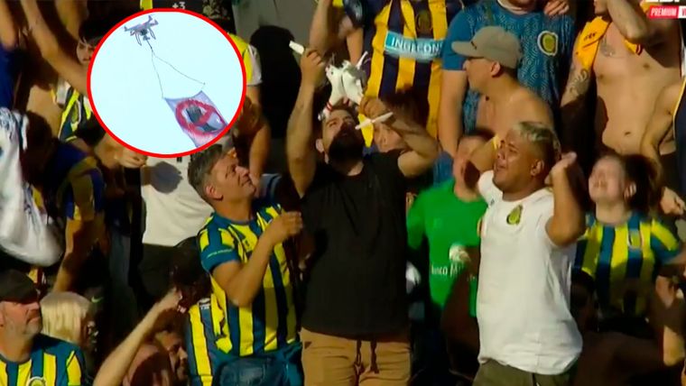 Los hinchas de Rosario Central capturaron un drone con una cargada de Newells Foto: Captura ESPN