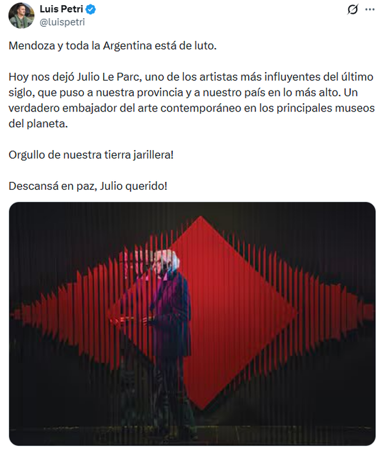 El diputado nacional Luis Petri también dejó un mensaje para el artista. El diputado nacional Luis Petri también dejó un mensaje para el artista.
