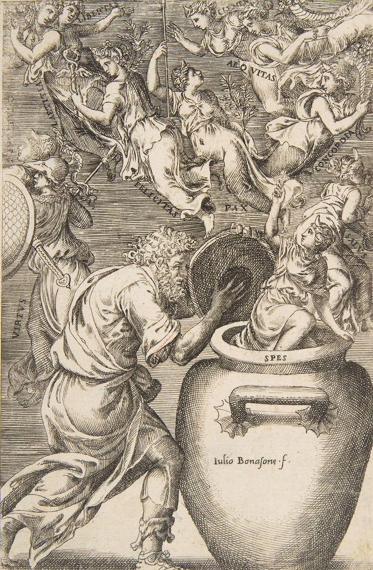 En el siglo XVI el dibujante y grabador Giulio Bonasone ilustró a Epimeteo abriendo la jarra.
