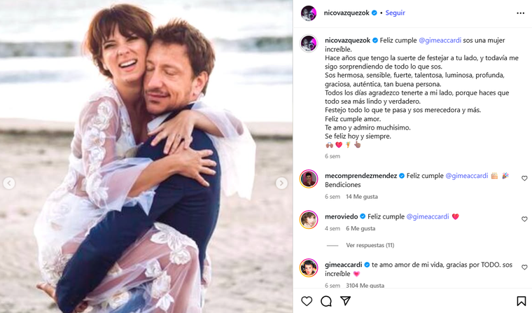 El último posteo romántico que Nicolás Vázquez le dedicó a Gimena Accardi. Foto: captura de pantalla Instagram/ @nicovazquezok. El último posteo romántico que Nicolás Vázquez le dedicó a Gimena Accardi. Foto: captura de pantalla Instagram/ @nicovazquezok.