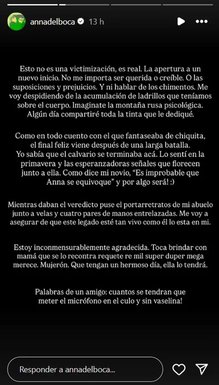 Otra parte del fuerte descargo que hizo Anna Chiara Del Boca para defender a su madre. Otra parte del fuerte descargo que hizo Anna Chiara Del Boca para defender a su madre.