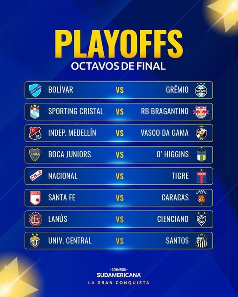 Quedaron confirmados los cruces de los playoffs de octavos de final de la Copa Sudamericana.