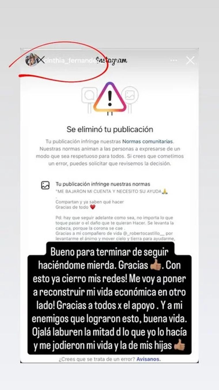 Cinthia Fernández se cansó de las restricciones que le impuso Meta, la empresa dueña de Instagram. Cinthia Fernández se cansó de las restricciones que le impuso Meta, la empresa dueña de Instagram.