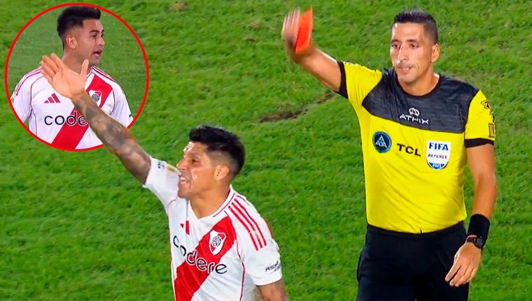 Enzo Pérez le reprochó al Pity Martínez por haberse tirado buscando el penal, en la jugada que terminó con la contra de Estudiantes y su expulsión. Foto: captura TNT Sports y archivo