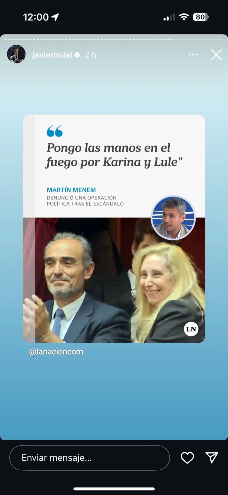 La historia que compartió Javier Milei en defensa de su hermana Karina y de Eduardo 'Lule' Menem. La historia que compartió Javier Milei en defensa de su hermana Karina y de Eduardo 'Lule' Menem.