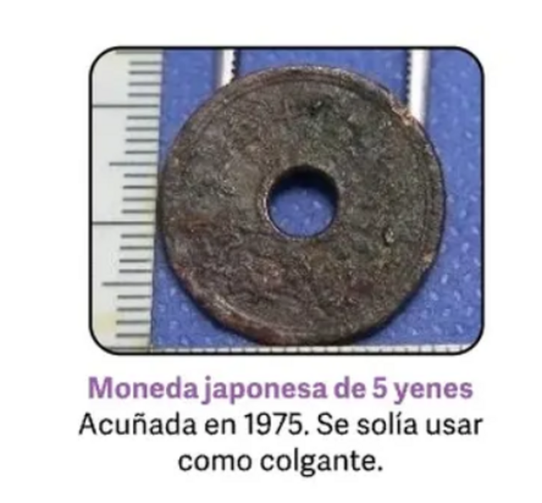 Moneda de cinco yenes hallada junto a los restos de Diego. Foto: captura de publicación de Clarín en X. Moneda de cinco yenes hallada junto a los restos de Diego. Foto: captura de publicación de Clarín en X.