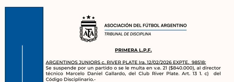 La sanción a Marcelo Gallardo que figura en el Boletín Número 6832 del Tribunal de Disciplina. La sanción a Marcelo Gallardo que figura en el Boletín Número 6832 del Tribunal de Disciplina.