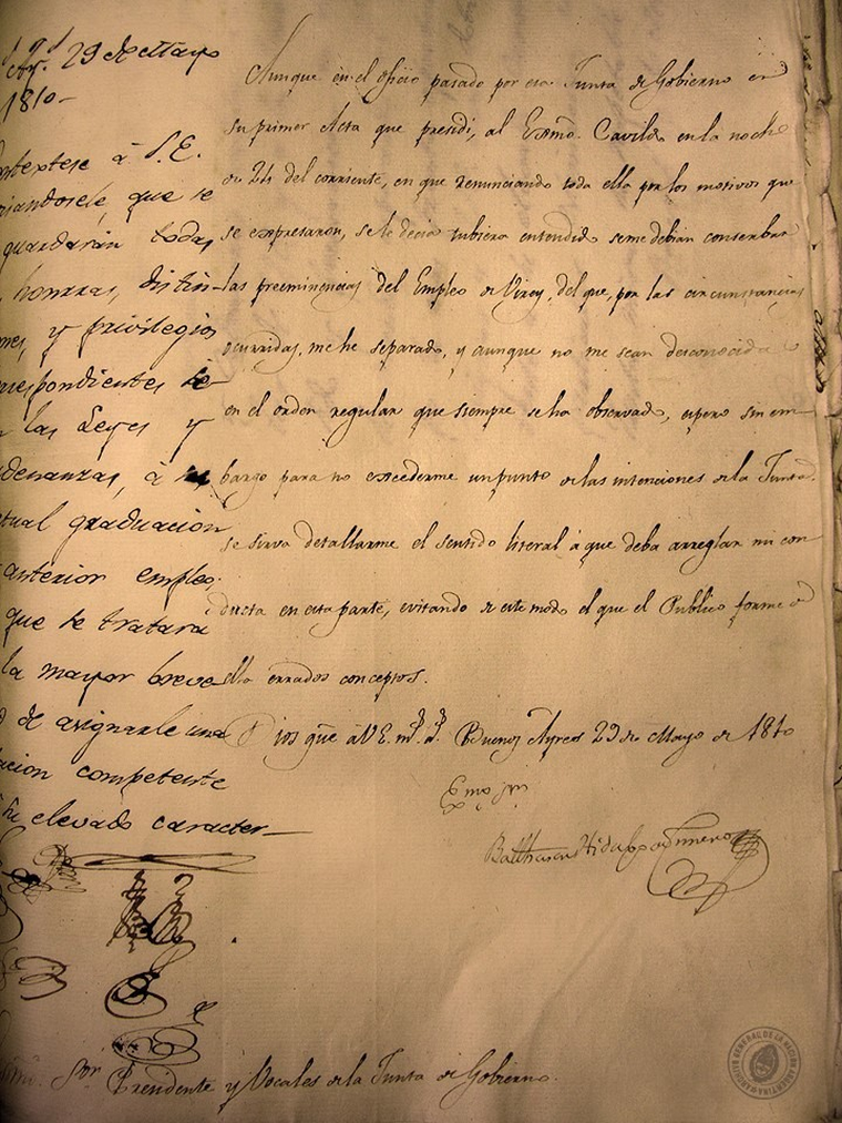 El documento muestra el pedido que hizo Baltasar Hidalgo de Cisneros pocos días después de la Revolución de Mayo. El documento muestra el pedido que hizo Baltasar Hidalgo de Cisneros pocos días después de la Revolución de Mayo.