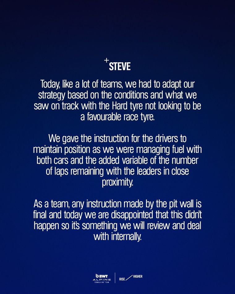 El comunicado de Alpine tras la decisión de Franco Colapinto sobre el final de la carrera en Austin. El comunicado de Alpine tras la decisión de Franco Colapinto sobre el final de la carrera en Austin.