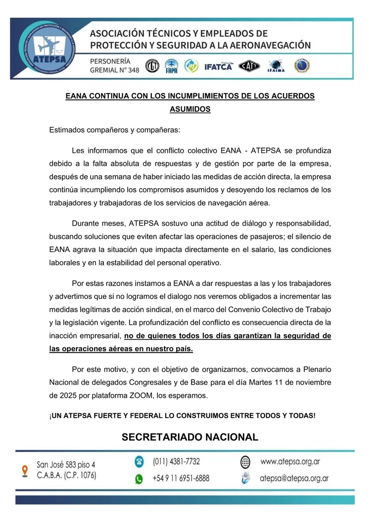 El comunicado oficial de la Asociación de Técnicos y Empleados de Protección y Seguridad a la Aeronavegación (Atepsa).