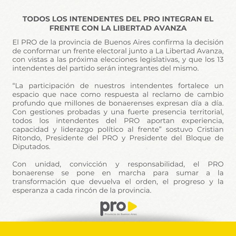 todos los intendentes del PRO formarán un frente con LLA en Provincia de Buenos Aires. todos los intendentes del PRO formarán un frente con LLA en Provincia de Buenos Aires.