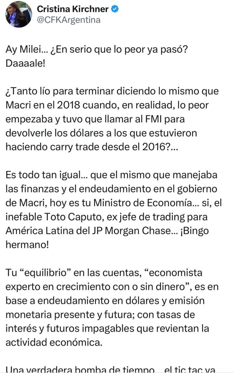 La publicación que hizo Cristina contra Milei. La publicación que hizo Cristina contra Milei.