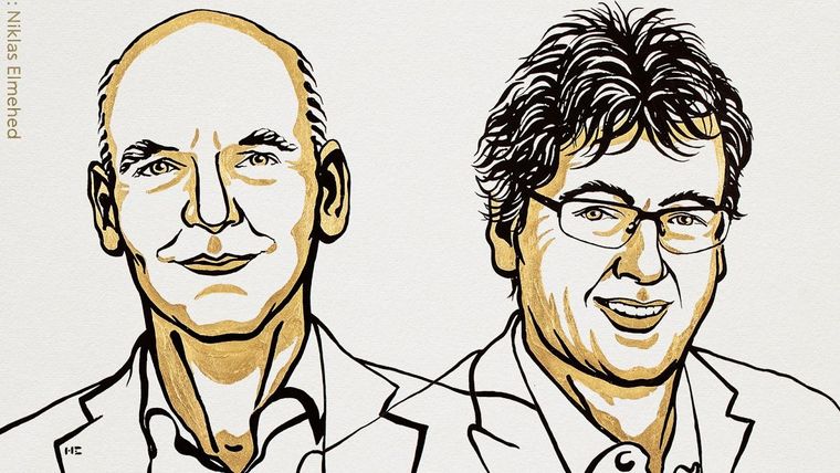 Las clásicas caricaturas del Nobel, esta vez, con Benjamin List (Izquierda) y David W.C. MacMillan (derecha). Foto: Niklas Elmehed/ NobelPrize.org