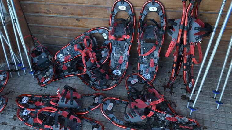 Cada excursionista recibe sus raquetas de nieve ajustables y bastones de apoyo. Cada excursionista recibe sus raquetas de nieve ajustables y bastones de apoyo.