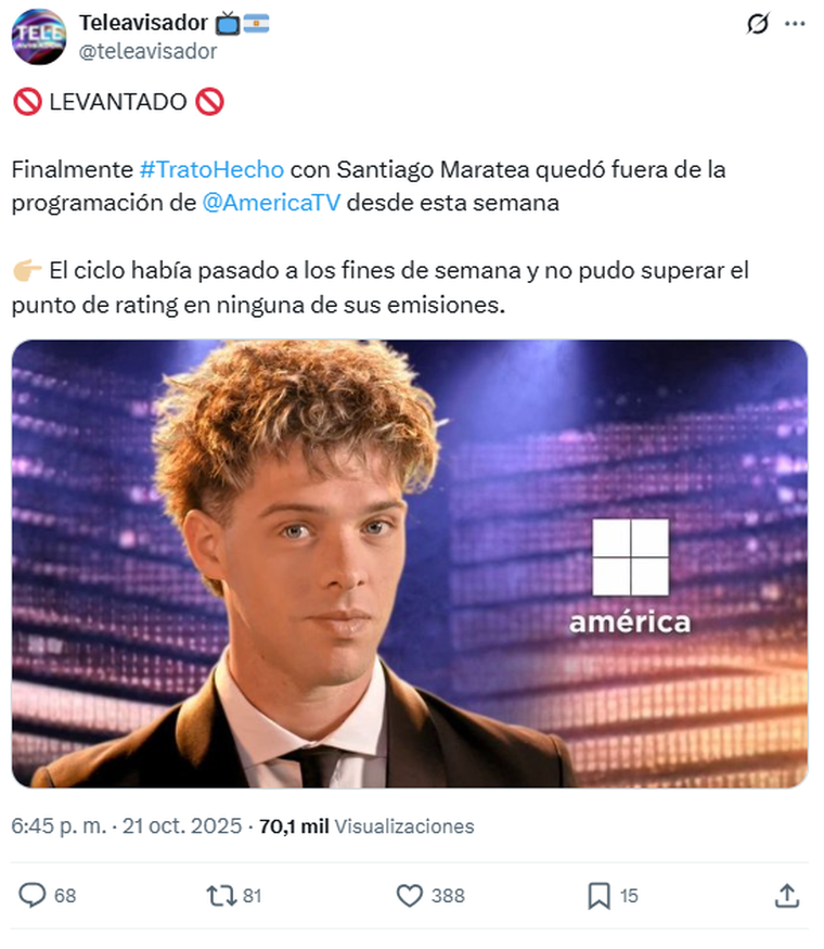 Trato Hecho se despidió de América tras los números negativos. Foto: captura de pantalla X/ @teleavisador. Trato Hecho se despidió de América tras los números negativos. Foto: captura de pantalla X/ @teleavisador. 