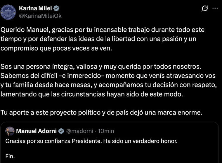 El mensaje de Karina Milei después de la renuncia de Manuel Adorni. El mensaje de Karina Milei después de la renuncia de Manuel Adorni.