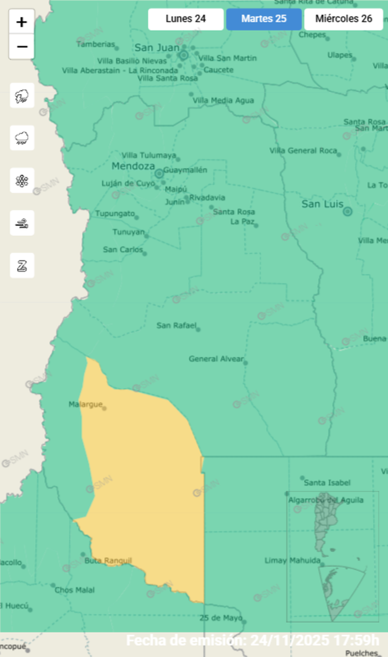 Malargüe está bajo alerta amarilla por tormentas fuertes con posible granizo. Malargüe está bajo alerta amarilla por tormentas fuertes con posible granizo.