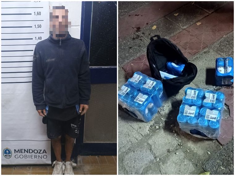 El malviviente tras su aprehensión y las latas de cervezas sustraídas. Foto: Gentileza
