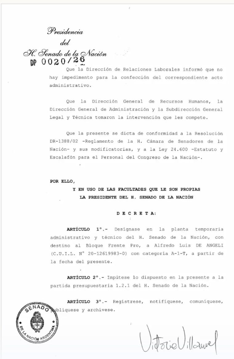 El decreto de Victoria Villarruel en el que se designó a Alfredo De Angeli. El decreto de Victoria Villarruel en el que se designó a Alfredo De Angeli.