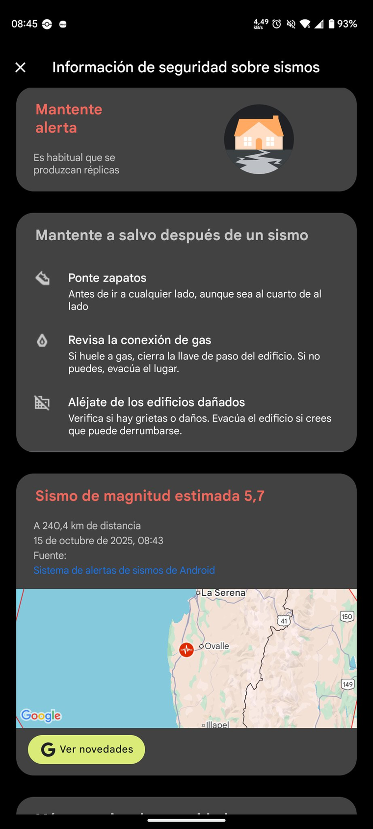 Ejemplo real del sistema de alertas sísmicas de Android: notificación de “Mantente alerta” por un sismo con magnitud estimada 5,7, recibido esta mañana en la zona de Coquimbo. Ejemplo real del sistema de alertas sísmicas de Android: notificación de “Mantente alerta” por un sismo con magnitud estimada 5,7, recibido esta mañana en la zona de Coquimbo.