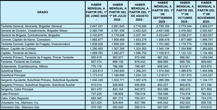 El aumento salarial para las Fuerzas Armadas se aplicar&aacute; hasta noviembre.